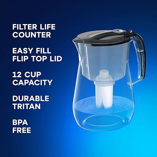 AQUAPHOR Opal 12 Cup Premium Water Filter Pitcher Black, includes 1 x B15 Filter. Countertop Design, with Easy Fill flip top lid, Reduces limescale & Chlorine