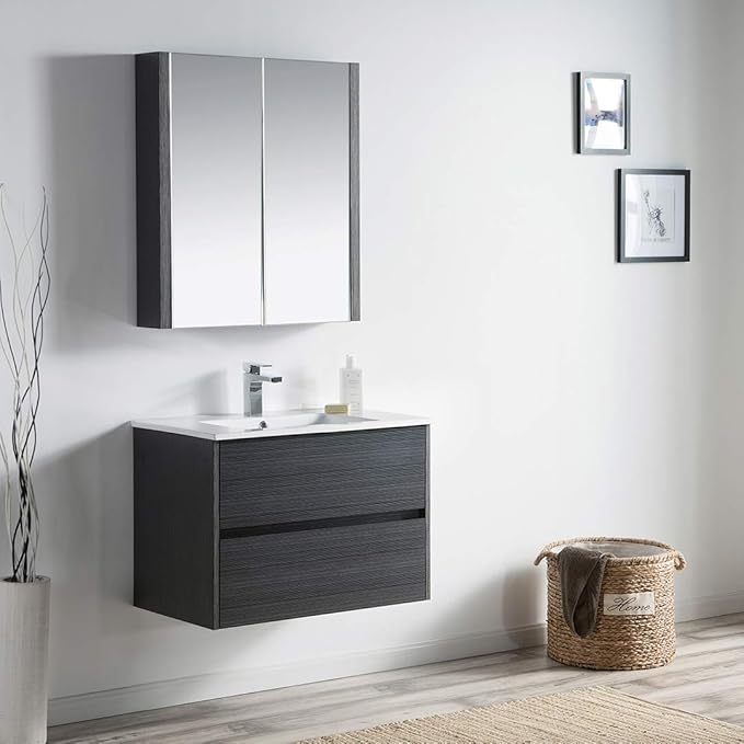 Blossom Single Bathroom Vanity with Ceramic Sink and Mirror Medicine Cabinet | All Wood Floating Vanity Cabinet | 2 Soft-Closing U-Shaped Cutout Drawers | 30 inch, Silver Grey
