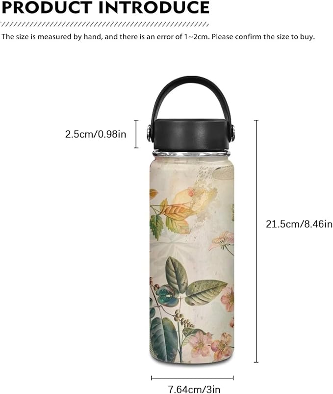 Floral Insulated Water Bottle with Lid -18 Oz Vacuum Stainless Steel Reusable Leak & Sweat Proof Gym Sports Travel Water Bottle for Women Men