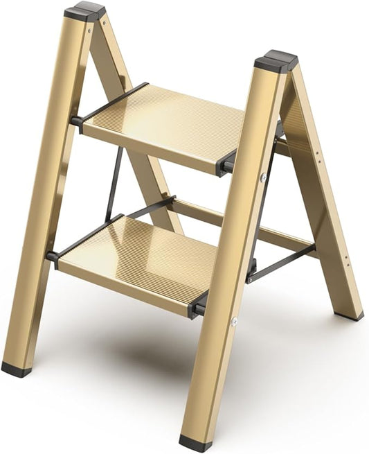 2 Step Ladder, Aluminum Lightweight Folding 2 Step Stool with Anti-Slip Wide Pedal,330lbs Capacity Steel Ladder for Household and Office(Gold)