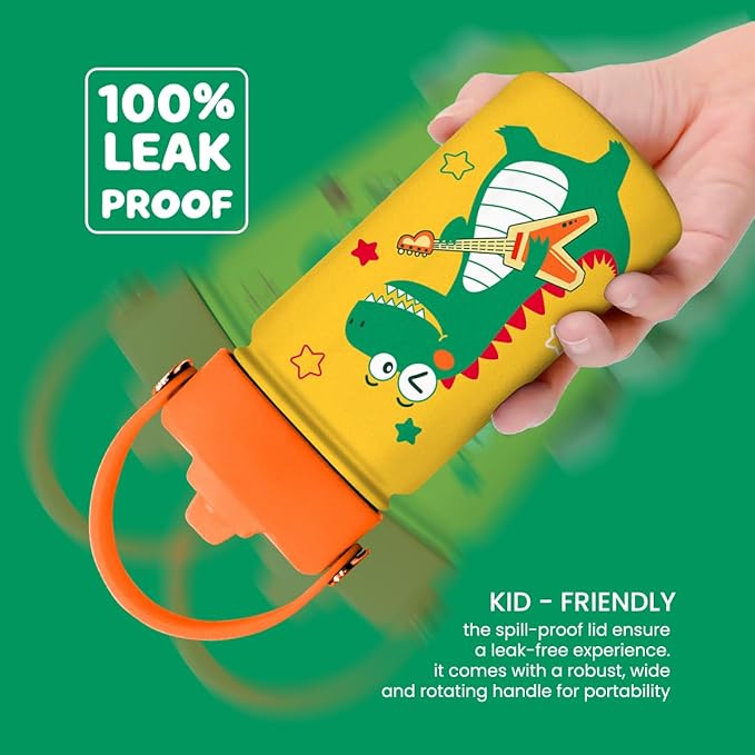 Dinosaurs Water Bottle - Dino Kids Water Bottle with Straw Lid - 12 Oz Insulated Stainless Steel Water Bottles for Toddlers Kid Boys - Travel Cup for School Sports