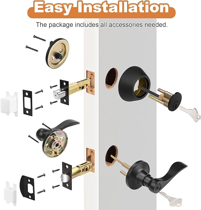 Probrico Entrance Door Lever Deadbolt Sets Front Door Entry Lever Lockset, Single Cylinder Deadbolt Combination Set, Flat Black Finish Keyed Alike Combo, Reversible for Right and Left Side 10Pack