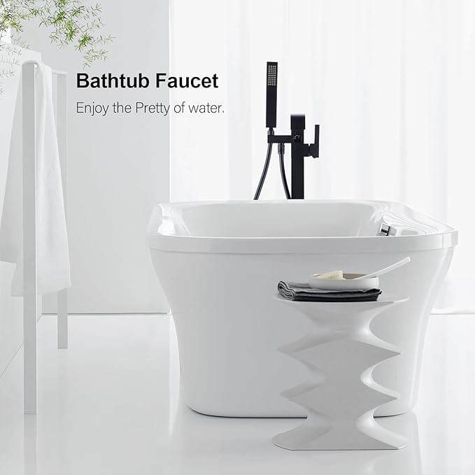 BAGNOLUX Solid Brass Floor Mount Bathtub Faucet Free Standing Tub Faucet Freestanding Tub Filler Matte Black High Flow Rate Swivel Spout with Hand Shower, ‎YGSLT-FANG-BLACK