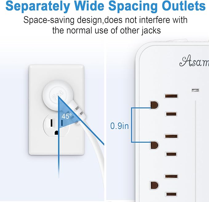 25FT Surge Protector Power Strip Extension Cord with USB C, Asamoom Flat Plug Power Strip with Long Cord, 8 Outlets and 4 USB Port,1700J Surge Protector for Home Office White, ETL Listed