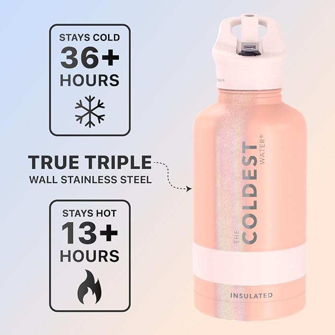 Coldest Sports Water Bottle with Straw Lid Vacuum Insulated Stainless Steel Metal Bottles Leak Proof Flask for Sports Gym (64 oz, Forever Pink Glitter)