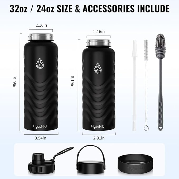 32 oz Insulated Water Bottle - Black Water Bottles with Straw (Spout Lid & Screw Top) & Silicone Boot & Flex Handle - Wide Mouth Stainless Steel Water Bottles - BPA Free - (Black, 1000ml)