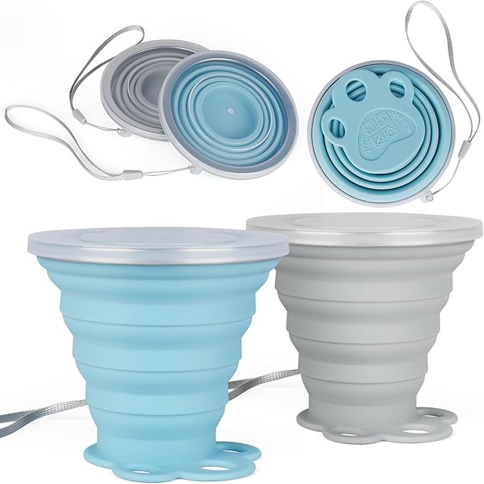 Silicone Collapsible Travel Cup Small 270ml Folding Drinking Cups Silicone Folding Camping Cup for Outdoor Hiking Travel （Blue and Grey,2Pack