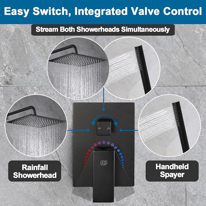 POP SANITARYWARE Matte Black Shower Faucet Set Rainfall 12 Inch Shower Head and Handle Set Bathroom Rain Shower System Wall Mounted Shower Fixture Include Shower Valve and Trim Kit