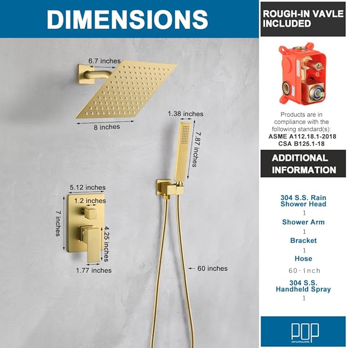 POP SANITARYWARE Brushed Gold Shower Faucet Set Complete Bathroom Rainfall Shower Fixture Wall Mounted 8 Inch Shower Head System and Handle Set with Rough-in Valve Body and Trim Kit