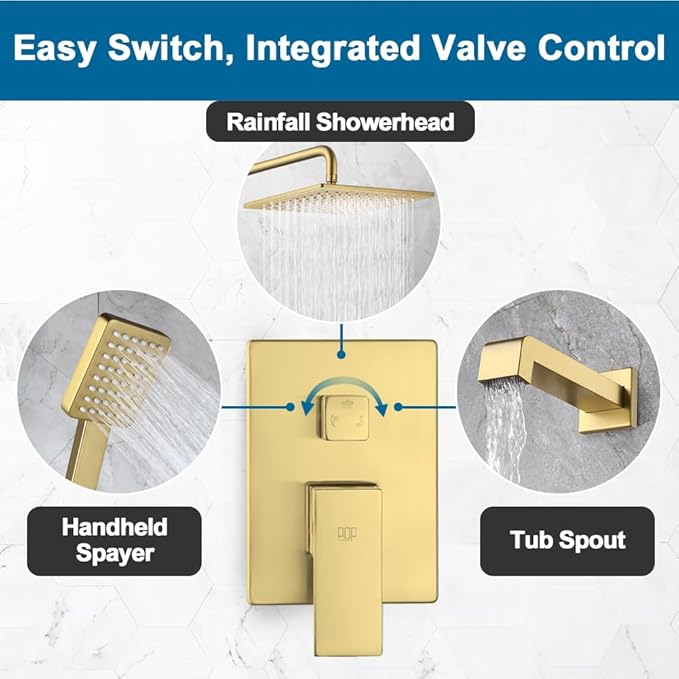 POP SANITARYWARE Shower Tub Faucet Set Brushed Gold Bathroom Rain Shower System with Tub Spout Wall Mounted Rainfall 10 Inch Thickened Shower Head and Handle Set Include Shower Valve and Trim Kit