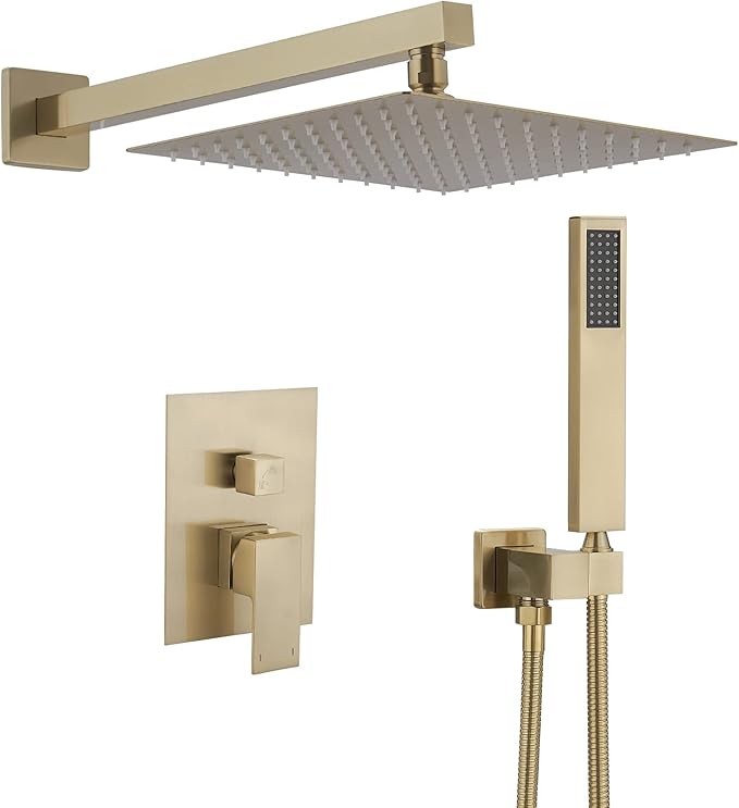 BWE Brushed Gold Shower Faucets Sets 10 Inch Square Bathroom Luxury Rain Shower Head with Handheld Spray Wall Mounted Shower System Rough-in Valve and Trim Included