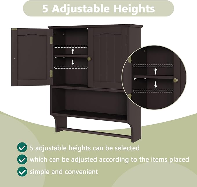 Smuxee Brown Wall Cabinet with Towel Bar - Medicine Cabinet with Adjustable Shelves, Over Toilet Cabinet for Laundry Room Kitchen