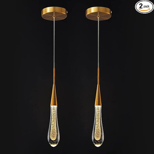LMQNINE Kitchen Light Fixtures Ceiling Dimmable LED Modern Gold Pendant Light Mini Teardrop Crystal Pendant Light for Kitchen Island Bedroom Hallway Entryway (2-Pack)