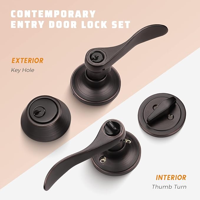 KNOBWELL 8 Pack Keyed Alike Door Lever Handle with Single Cylinder Deadbolt, Oil Rubbed Bronze Exterior Door Knob Lock Set with Deadbolt, Front Door Entry Lever Lockset and Deadbolt Combination Set
