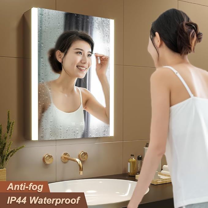 KWW LED Lighted Bathroom Medicine Cabinet with Sockets & USBs, Defogger, Dimmable, 3 Color Light Makeup Mirror, Easy to Install, Wall Mounted Cabinet (21.5 * 28)