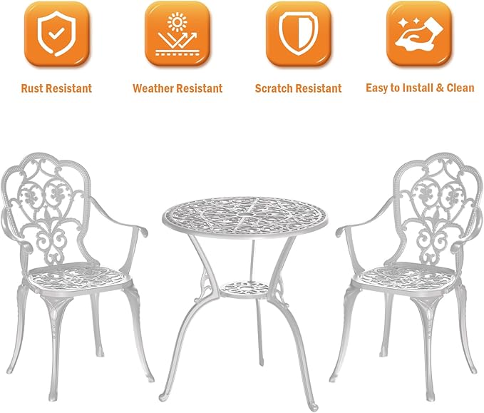 Patio Bistro Set of 2, Cast Aluminum, Outdoor Set w/Umbrella Hole, 3 Piece Table and Chairs Set, Bistro Set for Backyard/Garden/Lawn, White