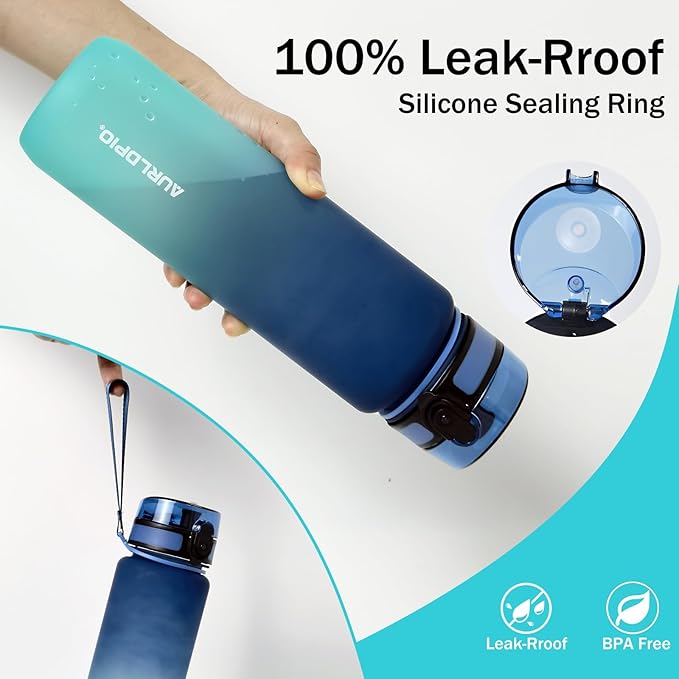 32oz/1L Water Bottle, Sports Water Bottle with Times to Drink & Lock Cover+Strainer,BPA-Free, Leakage Proof, Sports Drink Bottle for Bicycle, Outdoor, Gym, School, Reusable Daily(Blue-green)