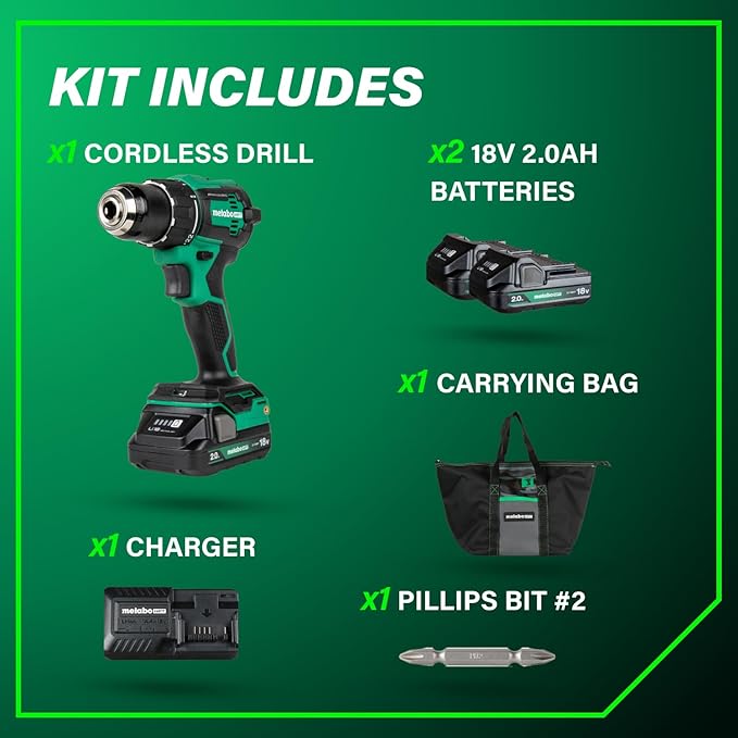 Metabo HPT 18V MultiVolt 1/2" Cordless Brushless Driver Drill Kit, High Power Drill Set with Bag, 2 Lithium-Ion Metabo Batteries and Charger, Compact Lightweight Power Driver, DS18DEX