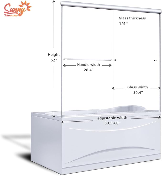 SUNNY SHOWER Bathtub Shower Door 60" W x 62" H Semi-Frameless Double Sliding Design Glass Shower Tub Door, Brushed Nickel Finish