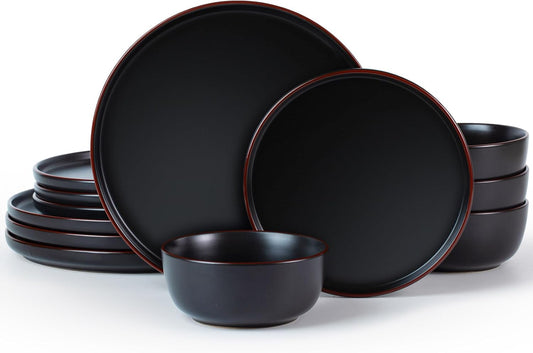 Famiware Mercury Plates and Bowls Sets, 12 Pieces Stoneware Dinnerware Sets, Dishes Set for 4, Microwave and Dishwasher Safe, Black
