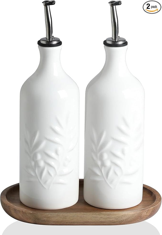 Sweejar Ceramic Olive Oil Dispenser Bottle, 20 Oz Relief Opaque Oil Cruet Protects To Reduce Oxidation, Suitable for Storage,Vinegar, Soy Sauce,Liquids,Set of 2 (White White)