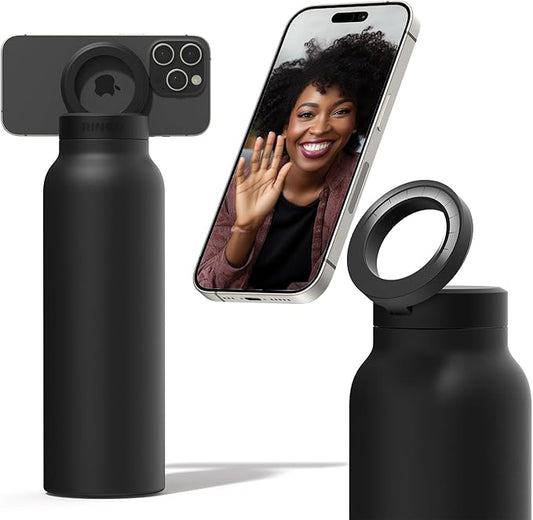 Ringo Insulated Water Bottle - Compatible MagSafe Water Bottle w/Phone Holder - Stainless Steel School Water Bottle w/Magnetic Phone Mount for Kids & Adult-Hot 12H, Cold 24H 360° Rotate - Black 32oz
