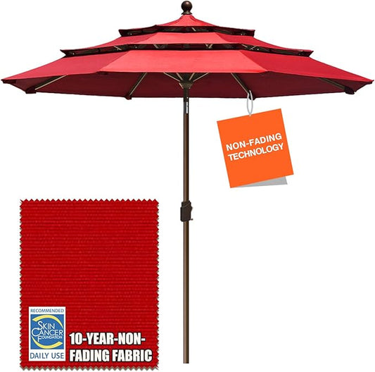 EliteShade USA 10-Year-Non-Fading 9Ft 3 Tiers Market Umbrella Patio Umbrella Outdoor Table Umbrella with Ventilation, Logo Red