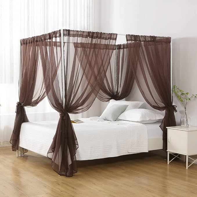 Bed Canopy for Queen Size Bed, Chiffon Princess Canopy for Girls Bed, Canopy Bed Drapes Adults(Coffee)