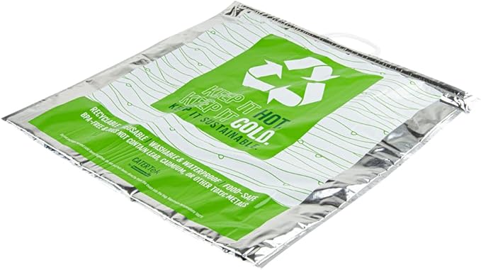 Restaurantware Cater Tek 20.1 x 7.1 x 20.1 Inch Hot And Cold Bags 10 Triple Layer Insulated Bags - Snap Lock Handles Waterproof Green & Silver Plastic Thermal Lunch Bags For Frozen & Hot Items