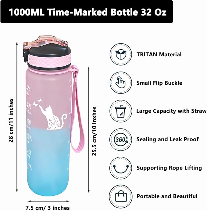 Floral Cat Water Bottle with Straw, Carry Strap, LeakProof, Tritan BPA Free, 32 Oz Motivational Water Bottle with Time Marker to Ensure You Drink Enough Water for Gym Fitness Outdoor