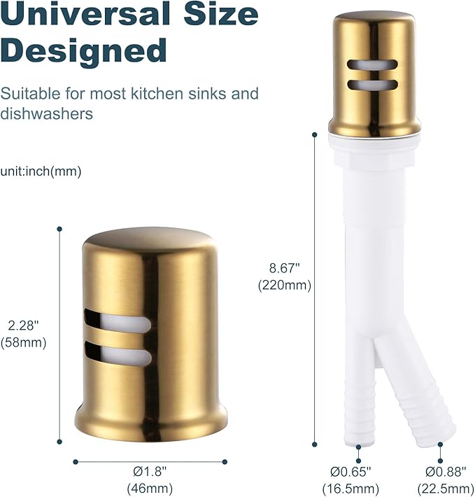 Dishwasher Air Gap Cover, Dishwasher Air Gap Cap for Kitchen Sink, Solid Brass Dishwasher Overflow Vent Cap Replacement Kit, Brushed Gold