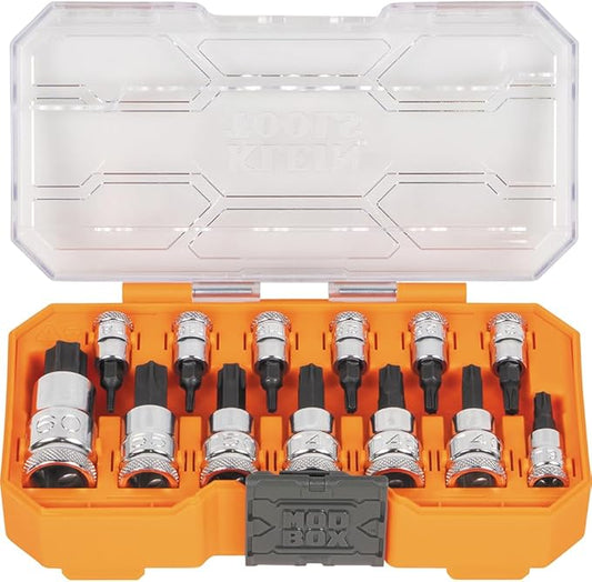 Klein Tools 65213TX Knurled TORX Bit Socket Set, T8 toT60, 1/4, 3/8 and 1/2-Inch Drives, Premium Cr-V Steel, MODBox Case, 13-Piece