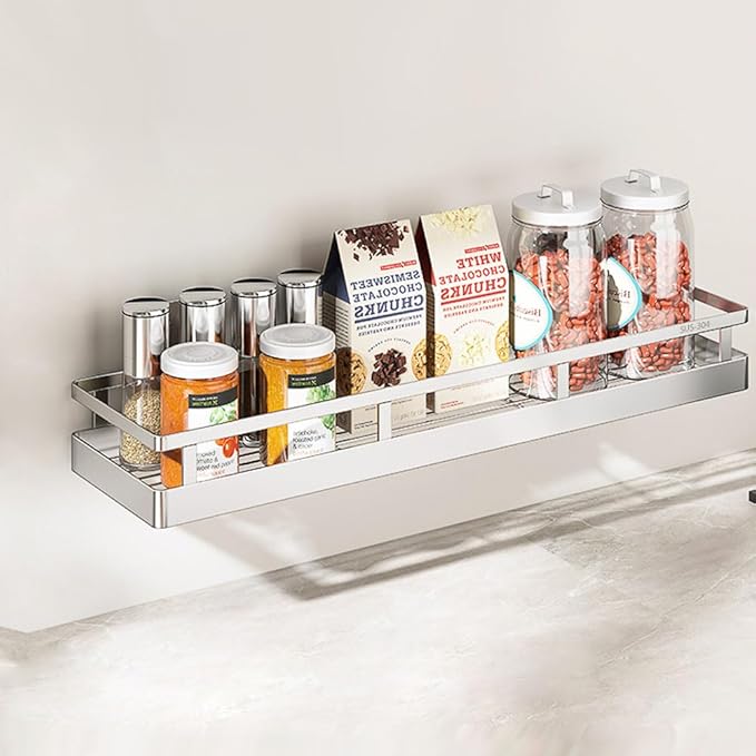 19.69Inch Spice Rack Organizer, SUS304 Stainless Steel Wall Mount Spice Rack Storage Basket, Kitchen Racks, Nail-Free Installation