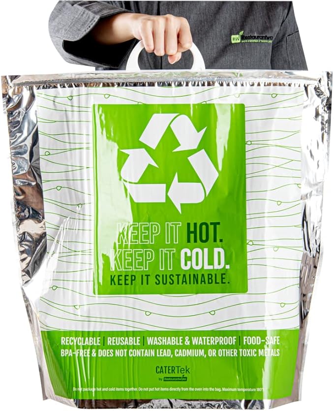 Restaurantware Cater Tek 20.1 x 7.1 x 20.1 Inch Hot And Cold Bags 10 Triple Layer Insulated Bags - Snap Lock Handles Waterproof Green & Silver Plastic Thermal Lunch Bags For Frozen & Hot Items