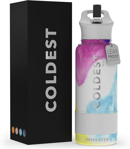 Coldest Sports Water Bottle with Straw Lid Vacuum Insulated Stainless Steel Metal Thermos Bottles Reusable Leak Proof Flask for Sports Gym (32 oz, Clouds of Tie Dye)