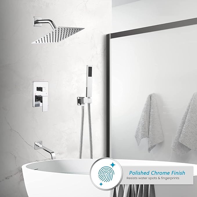 Chrome Shower System Bathroom Shower Faucet Set with Tub Spout Wall Mounted 8 Inch Shower Head and Handle Set with Handheld 3 Function Tub and Shower Trim Kit with Rough-in Valve