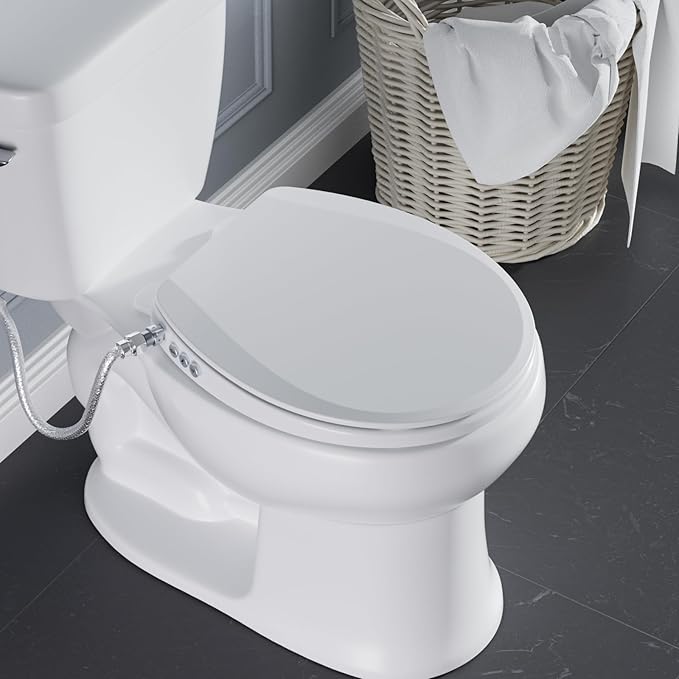 Bidet Toilet Seat, Soft Close Round Toilet Seat, Button control Feminine/Posterior Wash Switch, Knob Control Water Pressure,White Bidet Seat Attachment with Brass inlet