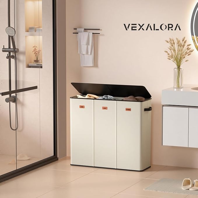 185L Laundry Hamper 3 Section, Laundry Hamper with Lid, Dirty Clothes Hamper with 3 Removable Washing Bags, Extra Large Laundry Basket Organizer for Bedroom, Laundry Room, Dorm - Beige