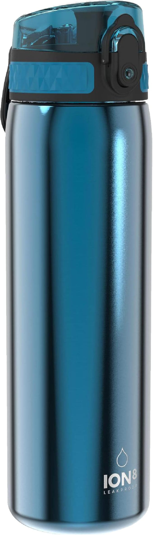 Ion8 Steel Water Bottle, 600 ml/20 oz, Leak Proof, Easy to Open, Secure Lock, Dishwasher Safe, Hygienic Flip Cover, Fits Cup Holders, Carry Handle, Durable, Carbon Neutral, Metallic Blue