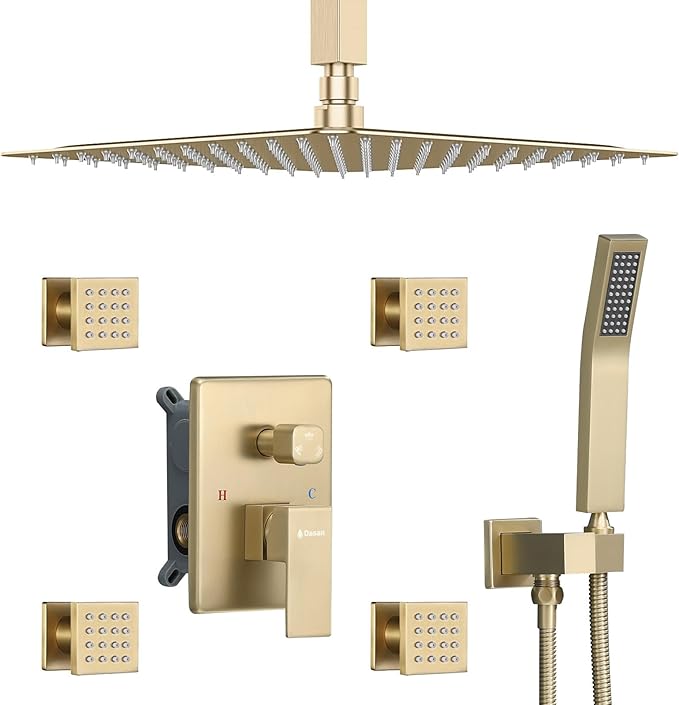 Brushed Gold Shower System with 4 PCS Shower Body Spray Jets & 12’’ Ceiling Shower Head & Handheld Spray, DASAN Full Body Shower Faucet System with Jets Rainfall Shower Combo Set, SA-SS03BBG-S12C