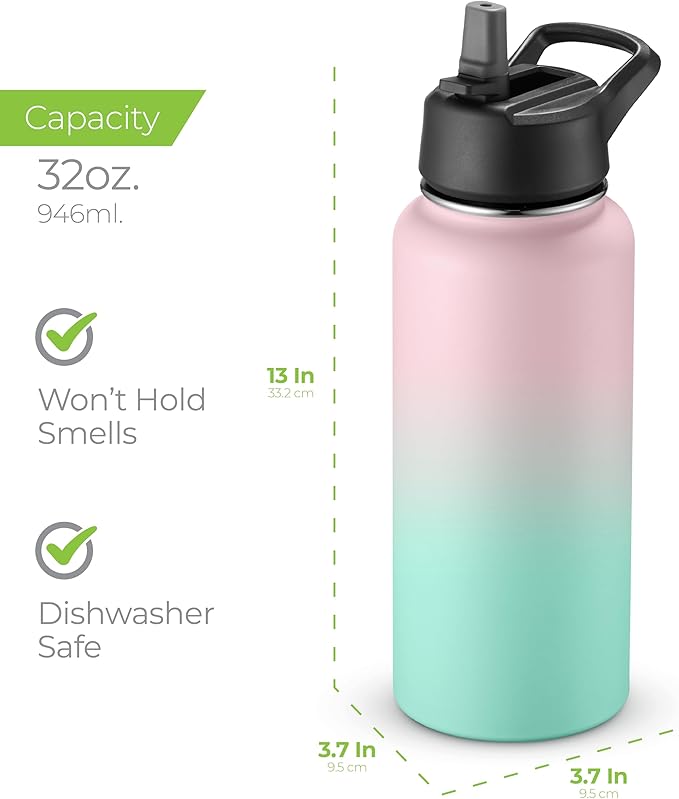 SipX™ Triple-Insulated Stainless Steel Water Bottle 32oz. With 3 Lids, BPA-Free Reusable Insulated Water Bottle Keeps Cold 24 Hours, Metal Water Bottle Made Of Sustainable Material For Hiking & Biking