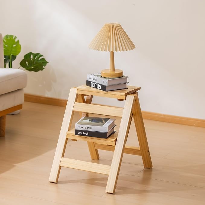 Wooden Step Stool, Foldable 2 Step Ladder, Solid Wood Ladder Stool for for Home, Kitchen & Garden Nature