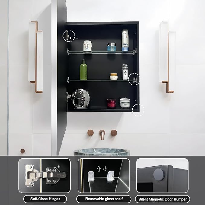 20×28inch Medicine Cabinet,Mirror Cabinet with Beveled Mirror,Solf Close Hinge,Brushed Metal Framed,Detachable Side Plate for Recess Mount or Surface Mount,Silver