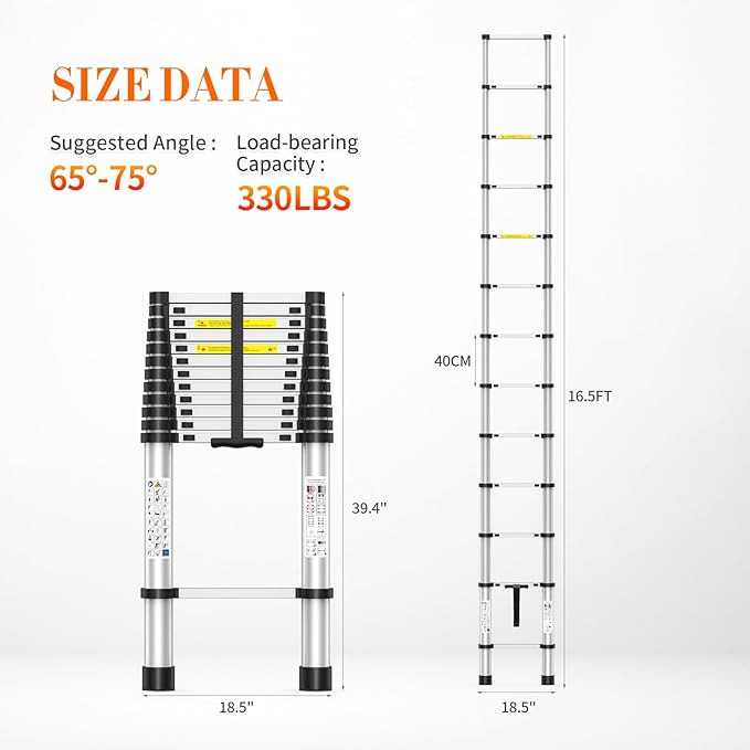 16.5FT Heavy-Duty Telescoping Ladder, 330lb Capacity Aluminum Extension Ladder with Anti-Slip Steps for Secure Attic Access, Roof, and Home Renovation Projects