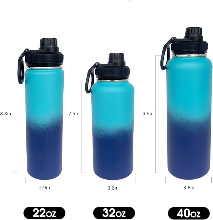 4pack 22 oz Insulated Water Bottle With Straw, Stainless Steel Sports Water Cup Flask with 2 Lids, Wide Mouth Travel Thermal Mug,Blue gradient