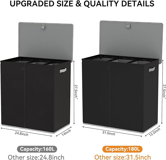 WOWLIVE Laundry Hamper with Lid,180L Large Laundry Basket 3 Section with Removable Washing Bags,Collapsible Waterproof Dirty Clothes Hamper for Laundry Room Bathroom Dorm,Black