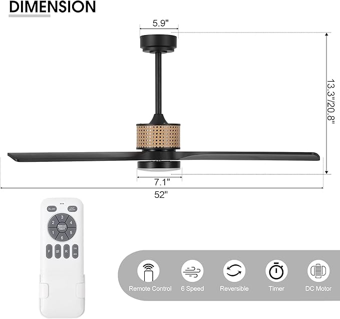52" Ceiling Fan with Light and Remote, 3 Solid Wood Blades, Noiseless Reversible DC Motor Ceiling Fan with 4.5"/12" Downrods for Bedroom/Living Room/Porch (Black)