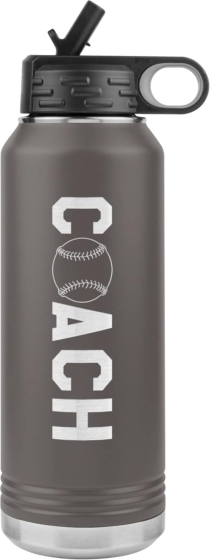 Baseball Coach Water Bottle - 32oz Insulated Engraved Stainless Steel Flip Top with Straw Baseball Coach Gift Pewter