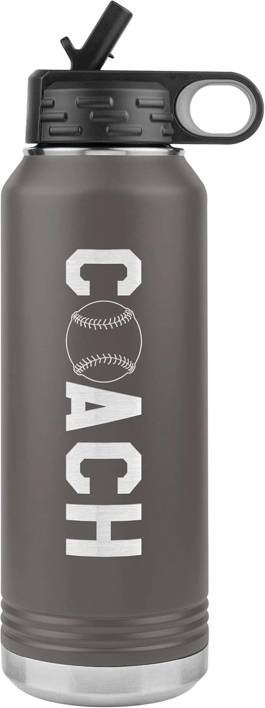 Baseball Coach Water Bottle - 32oz Insulated Engraved Stainless Steel Flip Top with Straw Baseball Coach Gift Pewter
