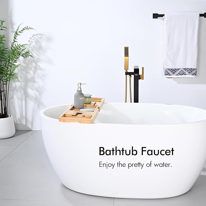 BAGNOLUX Solid Brass Floor Mount Bathtub Faucet Free Standing Tub Faucet Freestanding Tub Filler Black Gold High Flow Rate Swivel Spout with Hand Shower, ‎YGSLT-FANG-Black+Gold